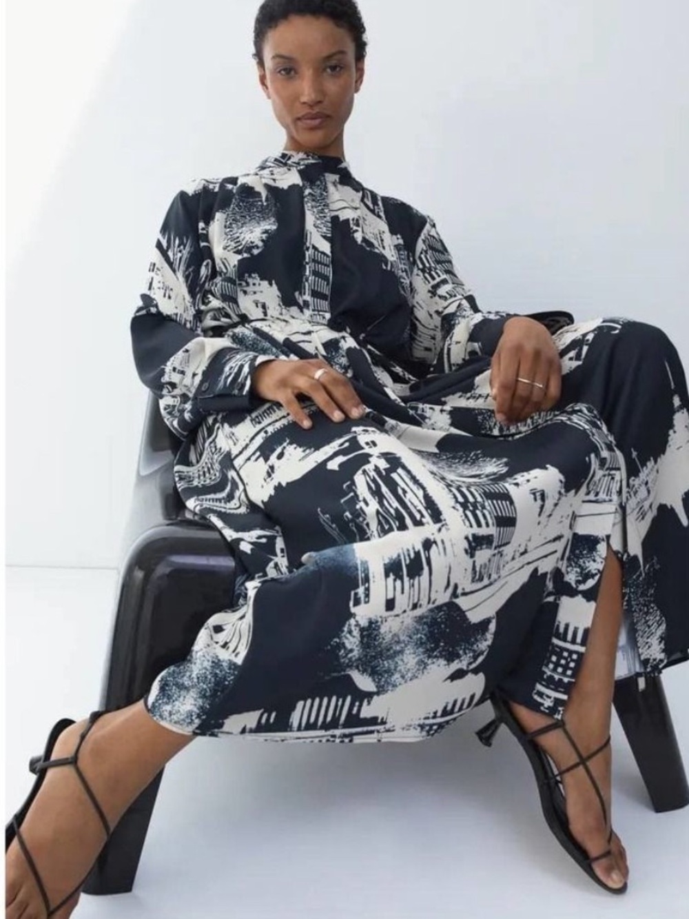 NWT H&M Navy and White Satin Printed Belted Shirt Dress, sz. XL - Picture 2 of 6